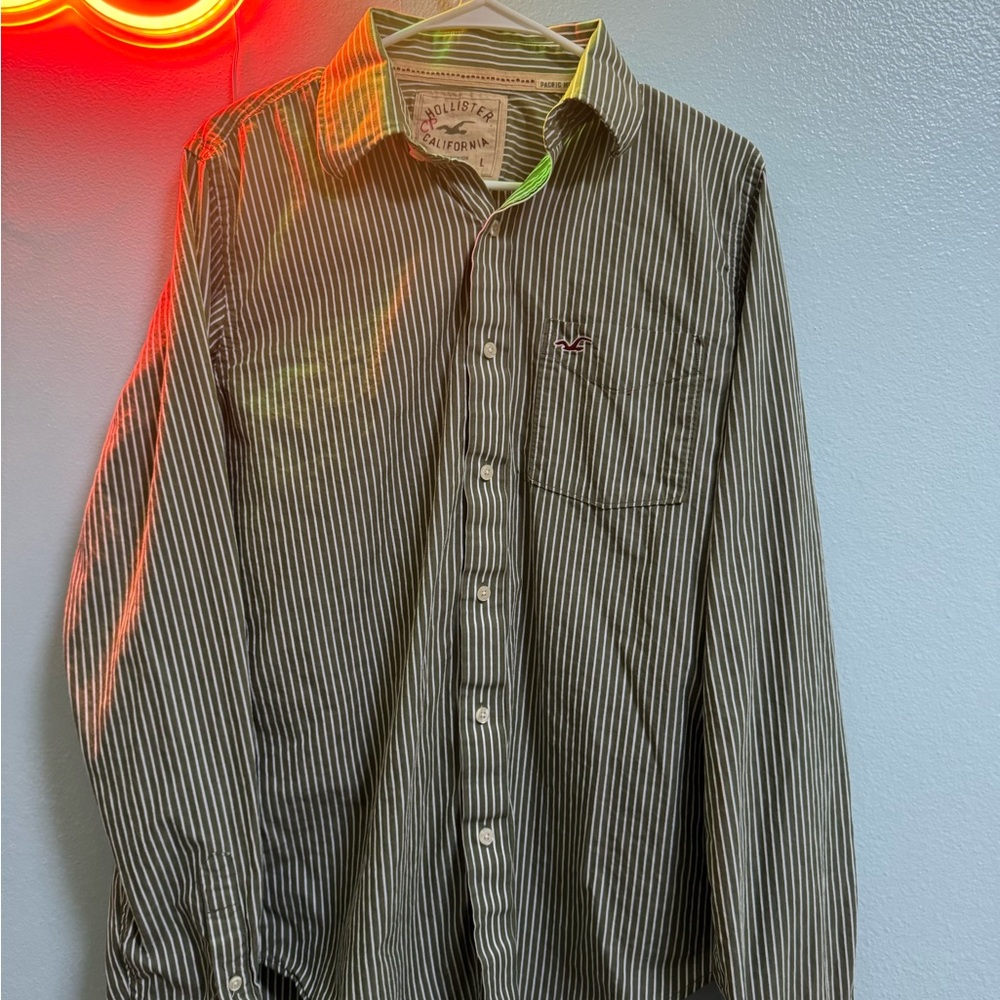 Hollister Olive Green and White Pinstripe Button-Down Shirt